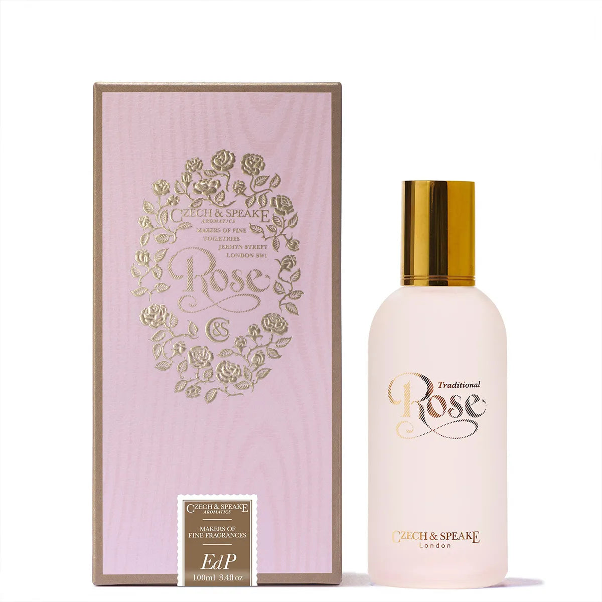 Czech & Speake Traditional Rose perfume bottle with elegant pink floral packaging, classic London rose fragrance with luxurious gold cap and feminine design