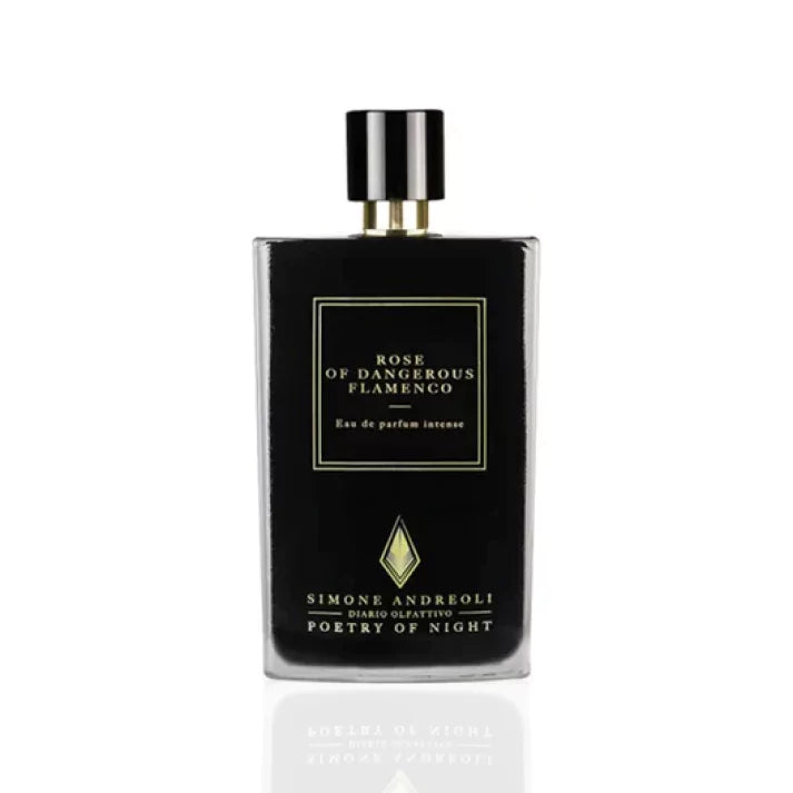 Black glass perfume bottle of Simone Andreoli Rose of Dangerous Flamenco Eau de Parfum Intense with gold label and glossy black cap on a clean white background