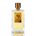 Rosendo Mateu No. 9 Wood Osmanthus Vanilla niche perfume bottle with golden cap and amber fragrance in a clear rectangular glass flacon.