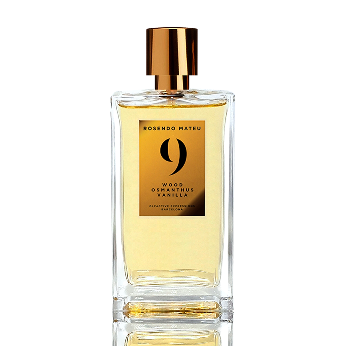 Rosendo Mateu No. 9 Wood Osmanthus Vanilla niche perfume bottle with golden cap and amber fragrance in a clear rectangular glass flacon.