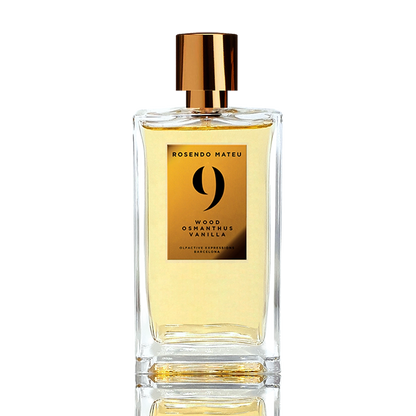 Rosendo Mateu No. 9 Wood Osmanthus Vanilla niche perfume bottle with golden cap and amber fragrance in a clear rectangular glass flacon.