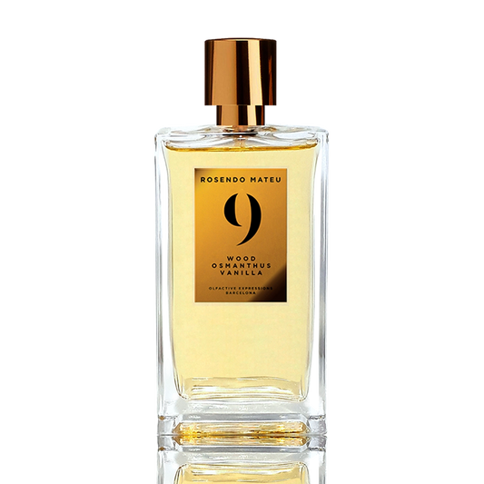 Rosendo Mateu No. 9 Wood Osmanthus Vanilla niche perfume bottle with golden cap and amber fragrance in a clear rectangular glass flacon.