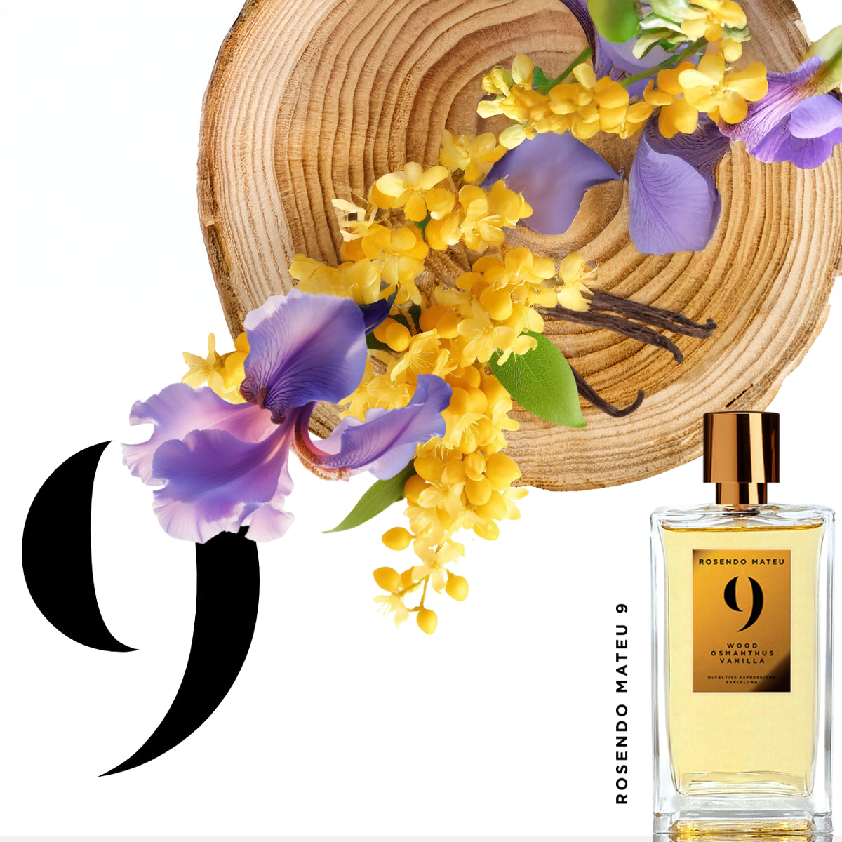 Rosendo Mateu No. 9 Wood Osmanthus Vanilla perfume bottle with osmanthus flowers, purple iris petals, vanilla pods, and wood slice composition.