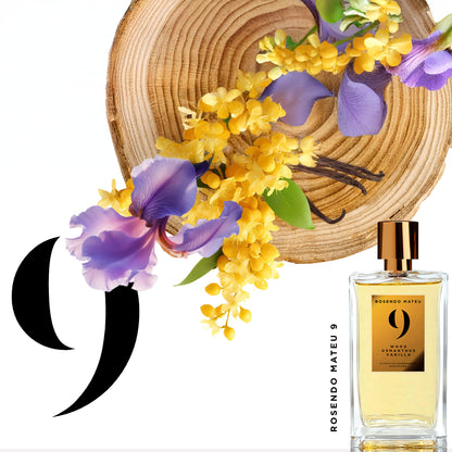 Rosendo Mateu No. 9 Wood Osmanthus Vanilla perfume bottle with osmanthus flowers, purple iris petals, vanilla pods, and wood slice composition.