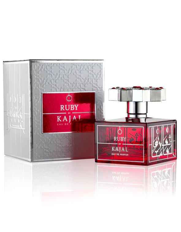 Ruby by Kajal Eau de Parfum luxury red crystal bottle with silver cap and metallic embossed box packaging