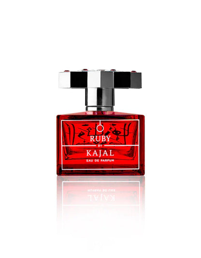 Ruby by Kajal Eau de Parfum red glass perfume bottle with silver geometric cap and luxury niche fragrance design