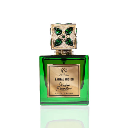 Christian Provenzano Santal Indien Extrait de Parfum green glass bottle with ornate gold cap and emerald gemstone design