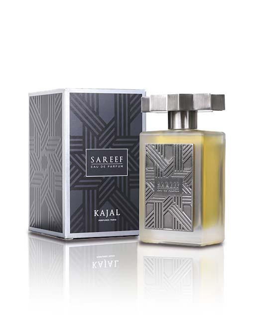 Sareef by Kajal Eau de Parfum frosted glass perfume bottle with silver cap and contemporary geometric box design