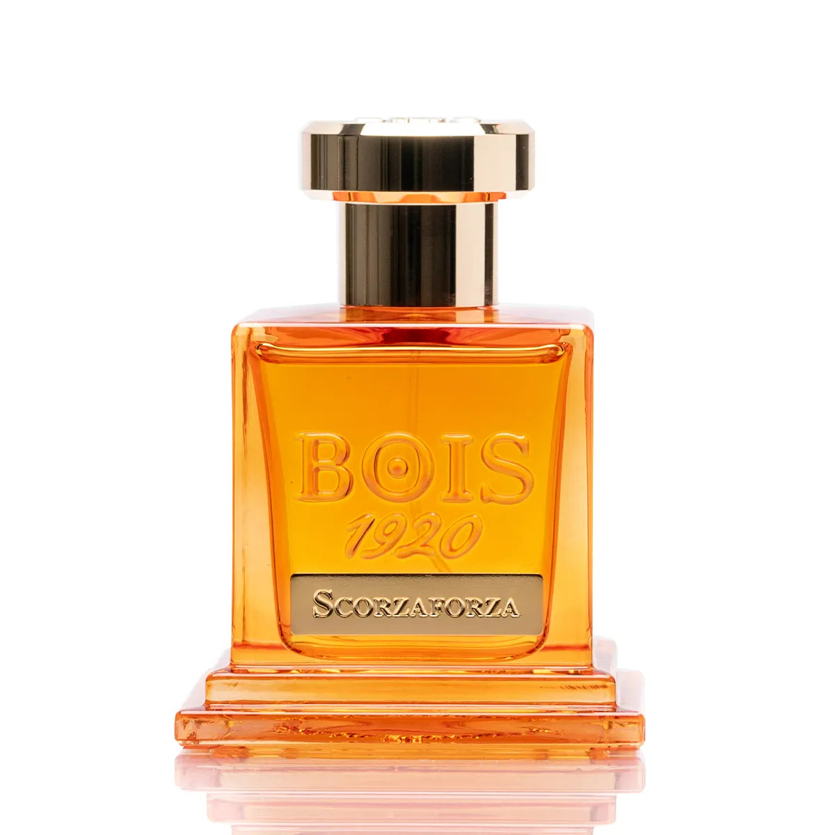 Orange perfume bottle with gold cap on a white background