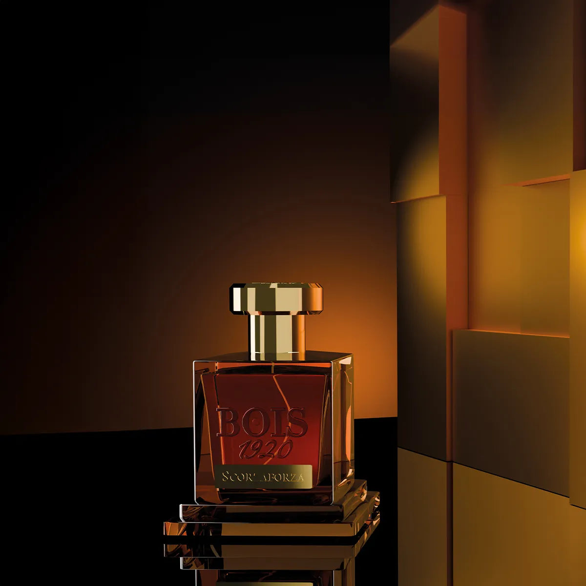 Perfume bottle with 'BOIS 1920' branding on a reflective surface with a dark background