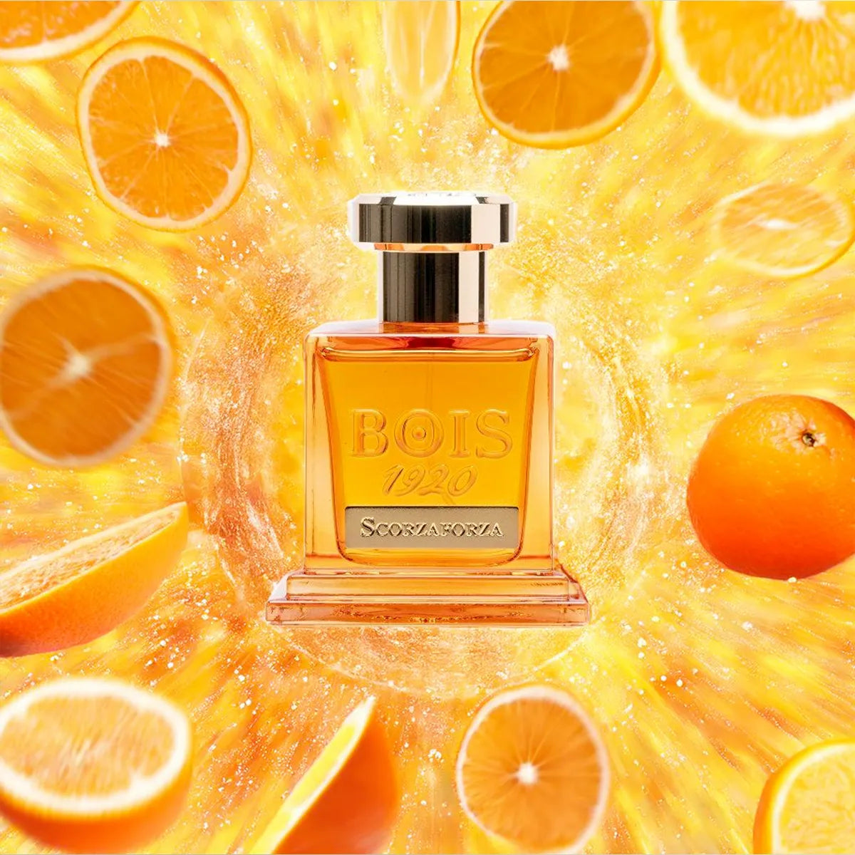 Bois 1920 perfume bottle with orange slices on a yellow background