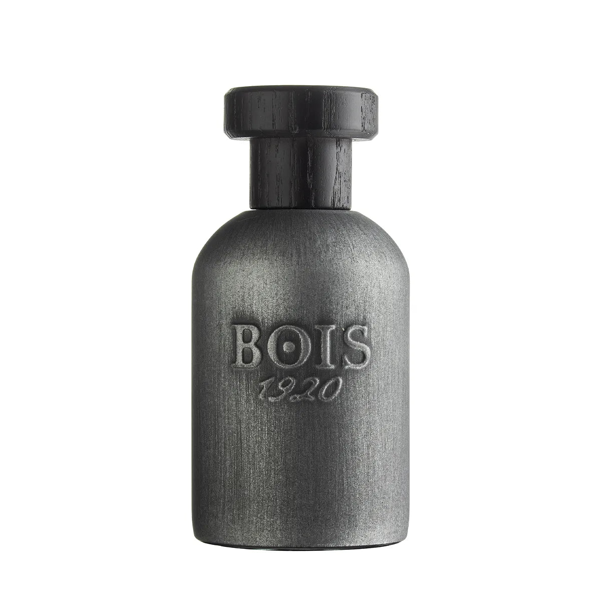 Bois 1920 Scuro perfume bottle with dark brushed metal finish and black cap.