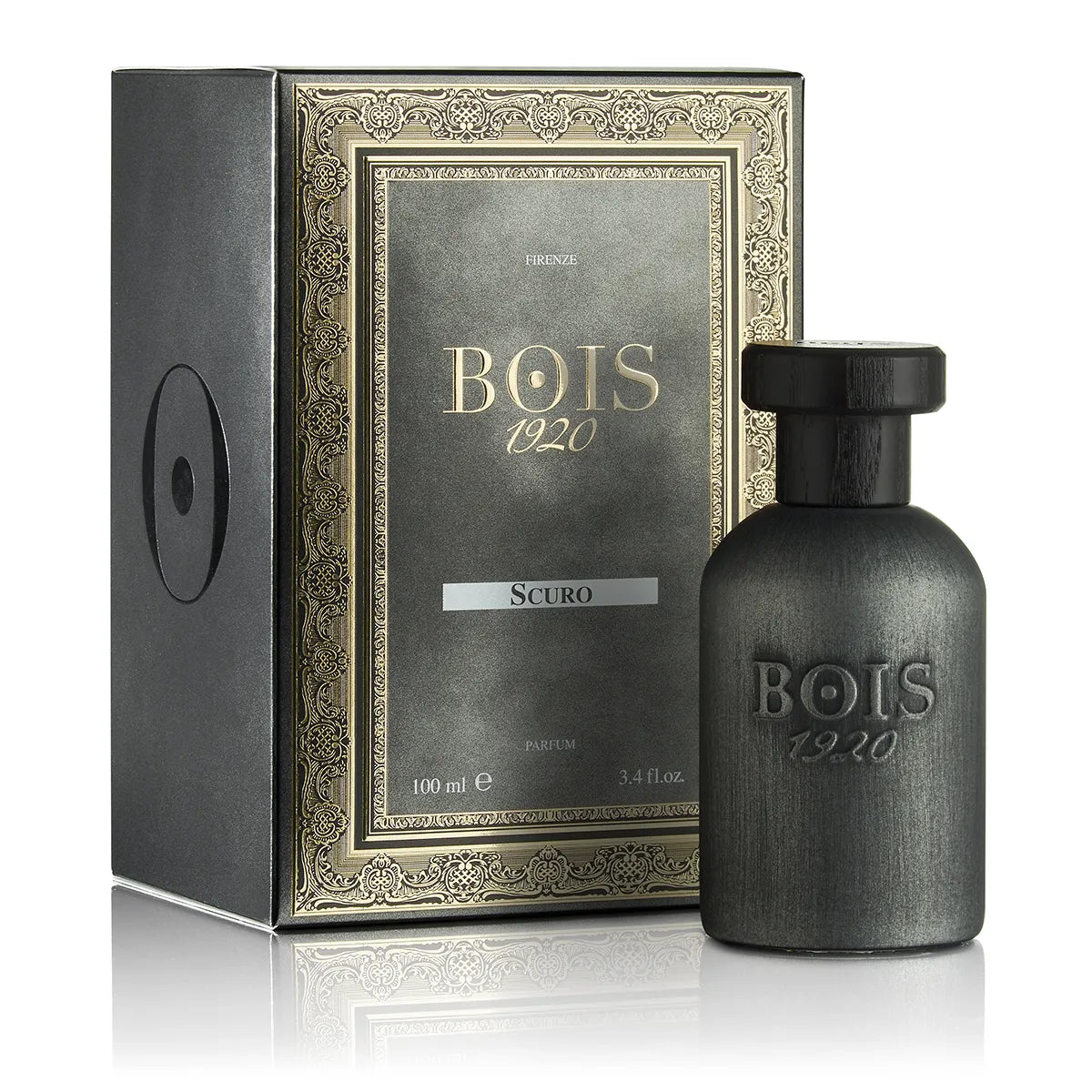 Bois 1920 Scuro Parfum bottle with dark brushed metal finish and black cap displayed beside its elegant fragrance box.