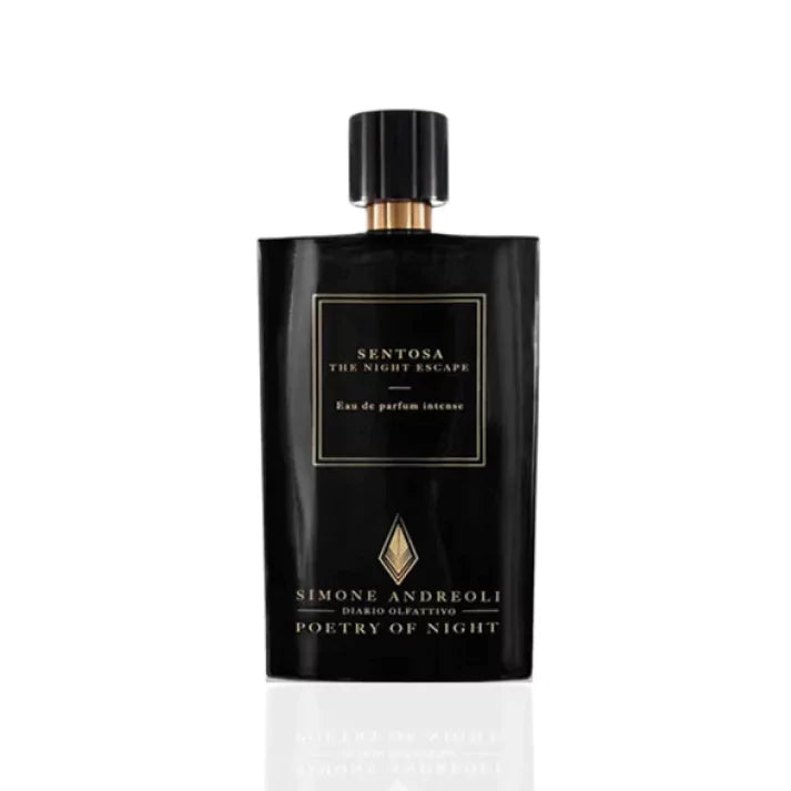 Simone Andreoli Sentosa The Night Escape Eau de Parfum Intense in glossy black bottle with gold label and black cap on white background