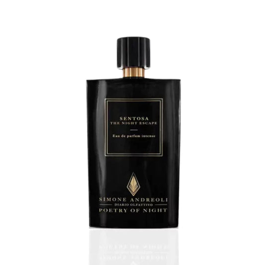 Simone Andreoli Sentosa The Night Escape Eau de Parfum Intense in glossy black bottle with gold label and black cap on white background