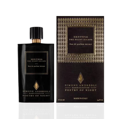 Simone Andreoli Sentosa The Night Escape Eau de Parfum Intense bottle with matching dark patterned box and gold details on white background