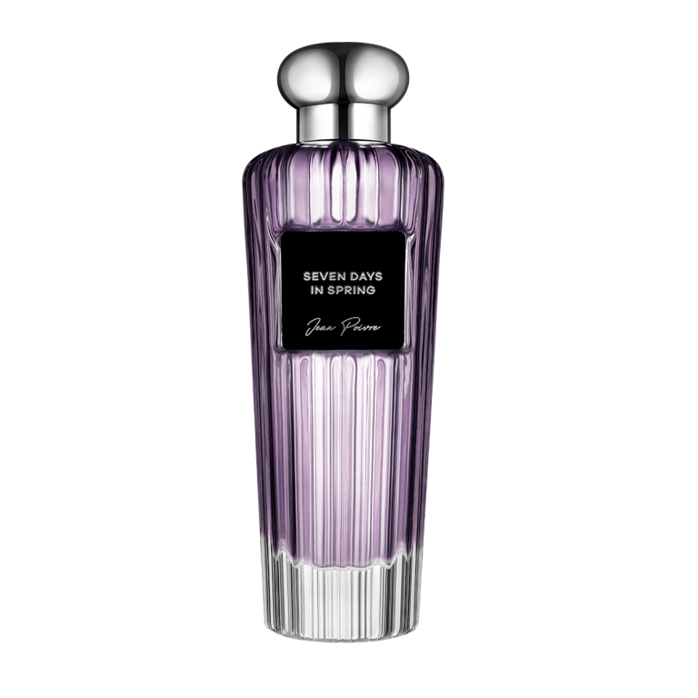 Seven Days In Spring by Jean Poivre luxury purple perfume bottle with silver cap and black label on black background