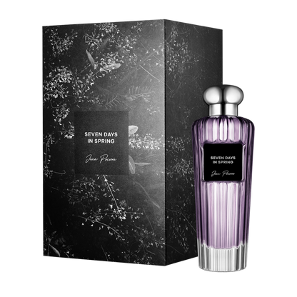 Seven Days In Spring by Jean Poivre luxury purple perfume bottle with silver cap and matching floral black gift box packaging