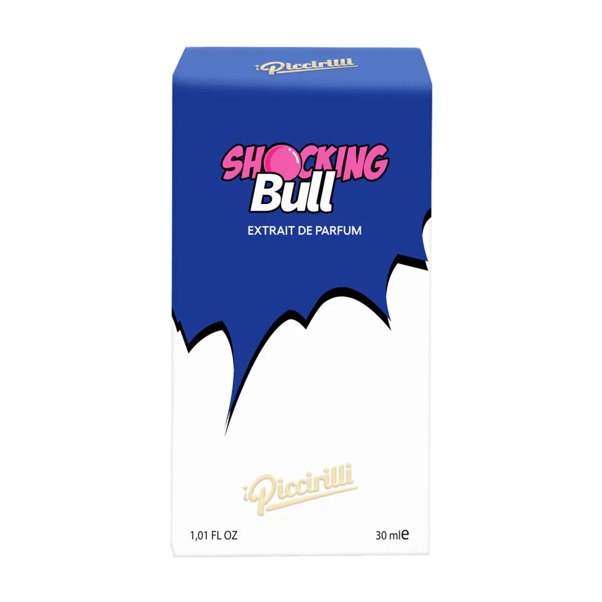 Blue and white box of 'Shocking Bull' perfume extract by Piccirilli on a white background