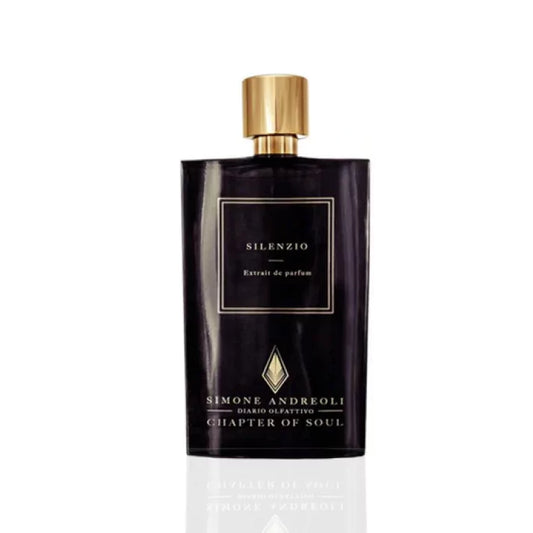 Simone Andreoli Silenzio Extrait de Parfum in dark glass bottle with gold cap and gold framed label on white background