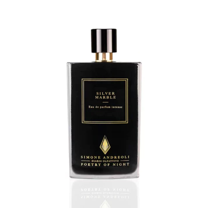 Simone Andreoli Silver Marble Eau de Parfum Intense in black bottle with gold label and glossy black cap on white background