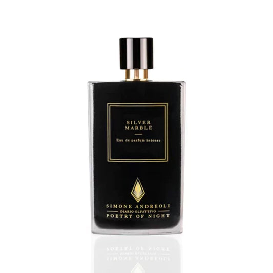 Simone Andreoli Silver Marble Eau de Parfum Intense in black bottle with gold label and glossy black cap on white background