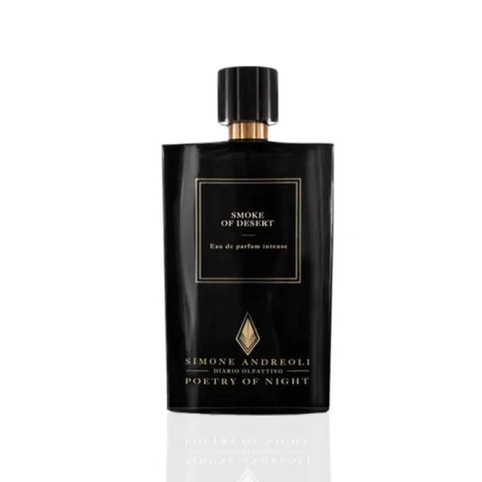 Simone Andreoli Smoke of Desert Eau de Parfum Intense in glossy black bottle with gold label and black cap on white background