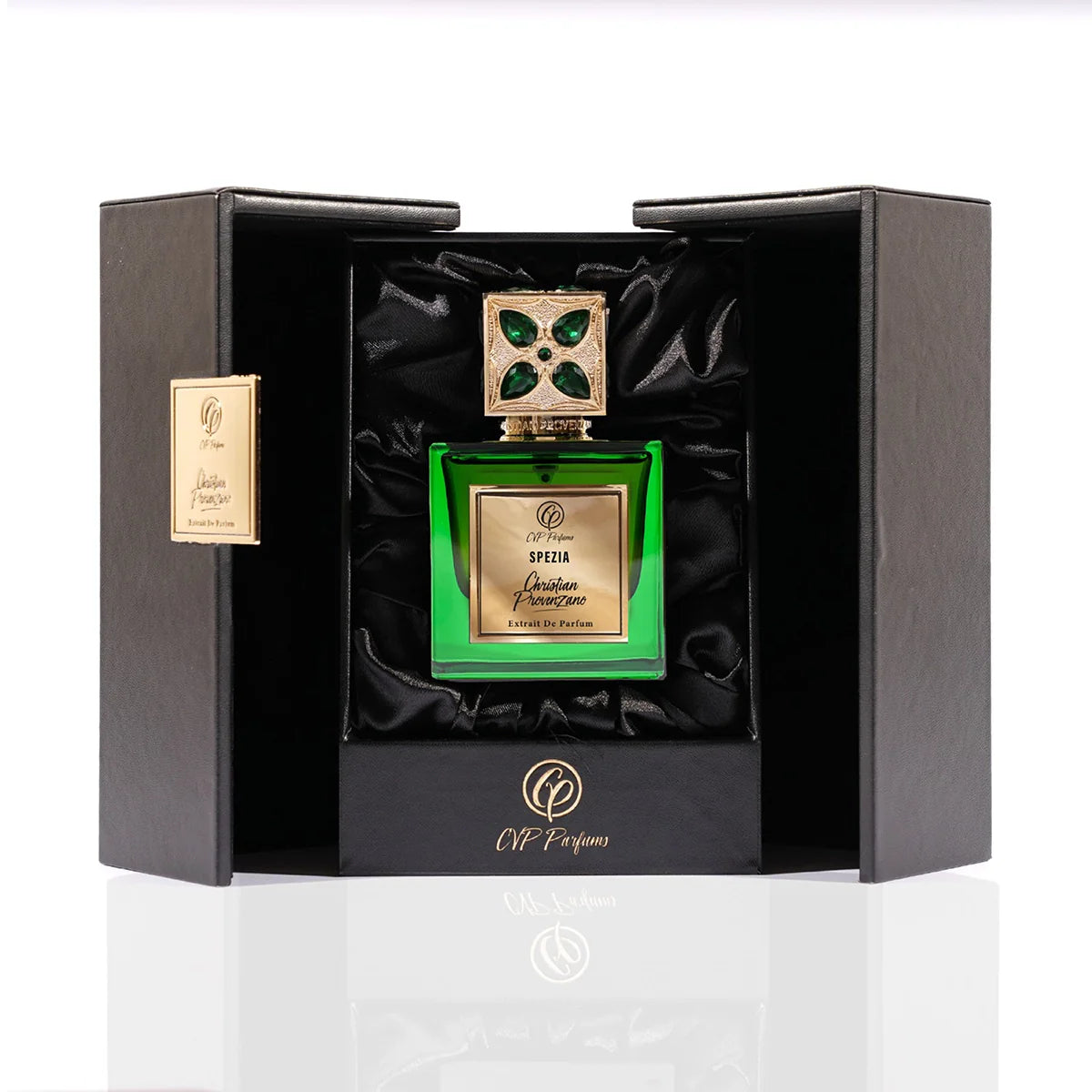 Christian Provenzano Spezia Extrait de Parfum presented in luxury black box with satin lining and gold logo detailing