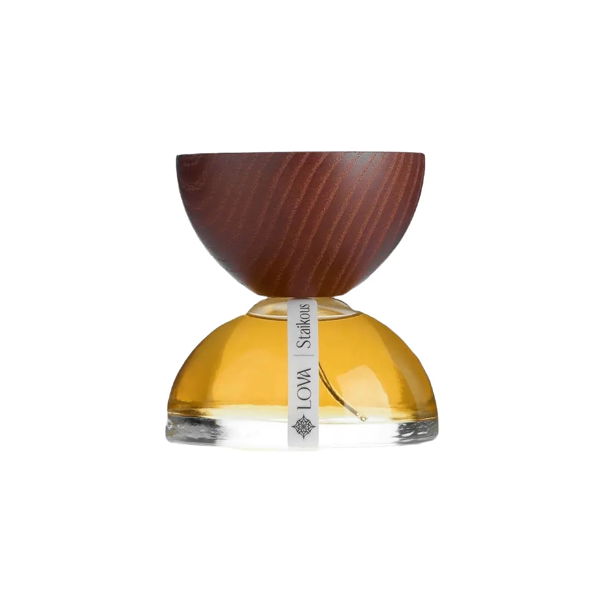 Staikous by LOVA niche perfume bottle with golden glass base and handcrafted wooden cap on clean white background