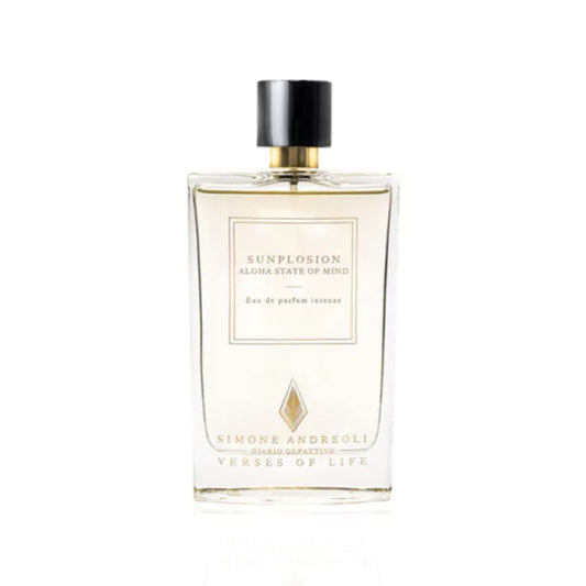 Simone Andreoli Sunplosion Aloha State of Mind Eau de Parfum Intense in clear glass bottle with light golden liquid and black cap on white background