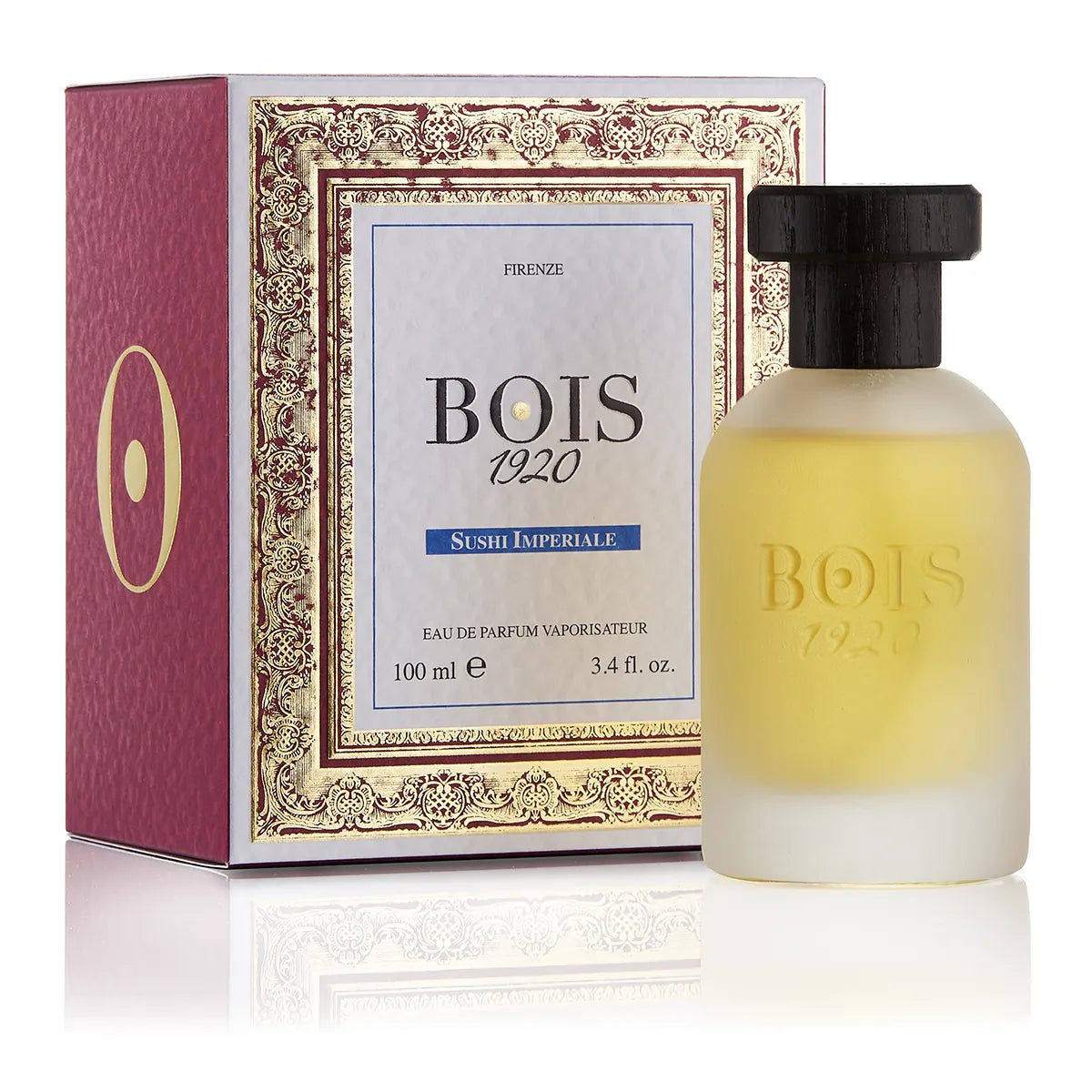 Bois 1920 Sushi Imperiale Eau de Parfum bottle with frosted glass and golden fragrance tone displayed beside its decorative luxury box.