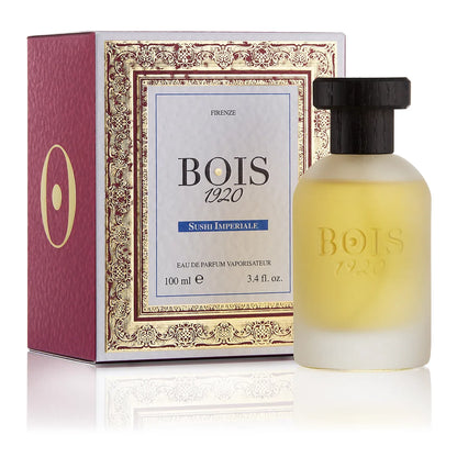 Bois 1920 Sushi Imperiale Eau de Parfum bottle with frosted glass and golden fragrance tone displayed beside its decorative luxury box.