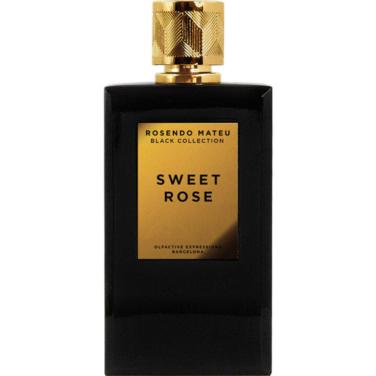 Rosendo Mateu Black Collection Sweet Rose perfume bottle with matte black glass and engraved gold cap.