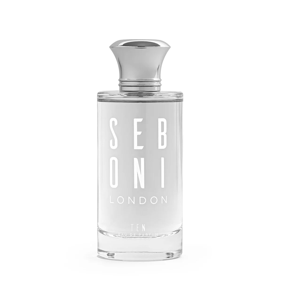 Seboni London Ten eau de parfum clear glass bottle with silver cap on white background