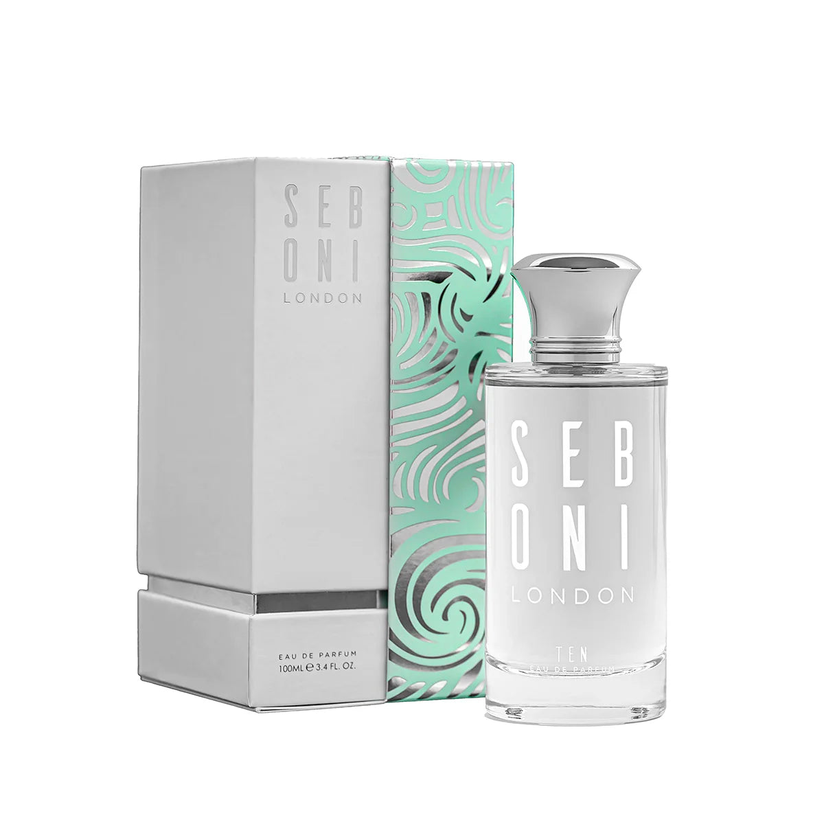 Seboni London Ten eau de parfum bottle with packaging box on white background