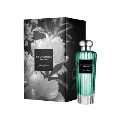 The Mysterious Garden by Jean Poivre luxury green perfume bottle with silver cap and matching floral gift box packaging