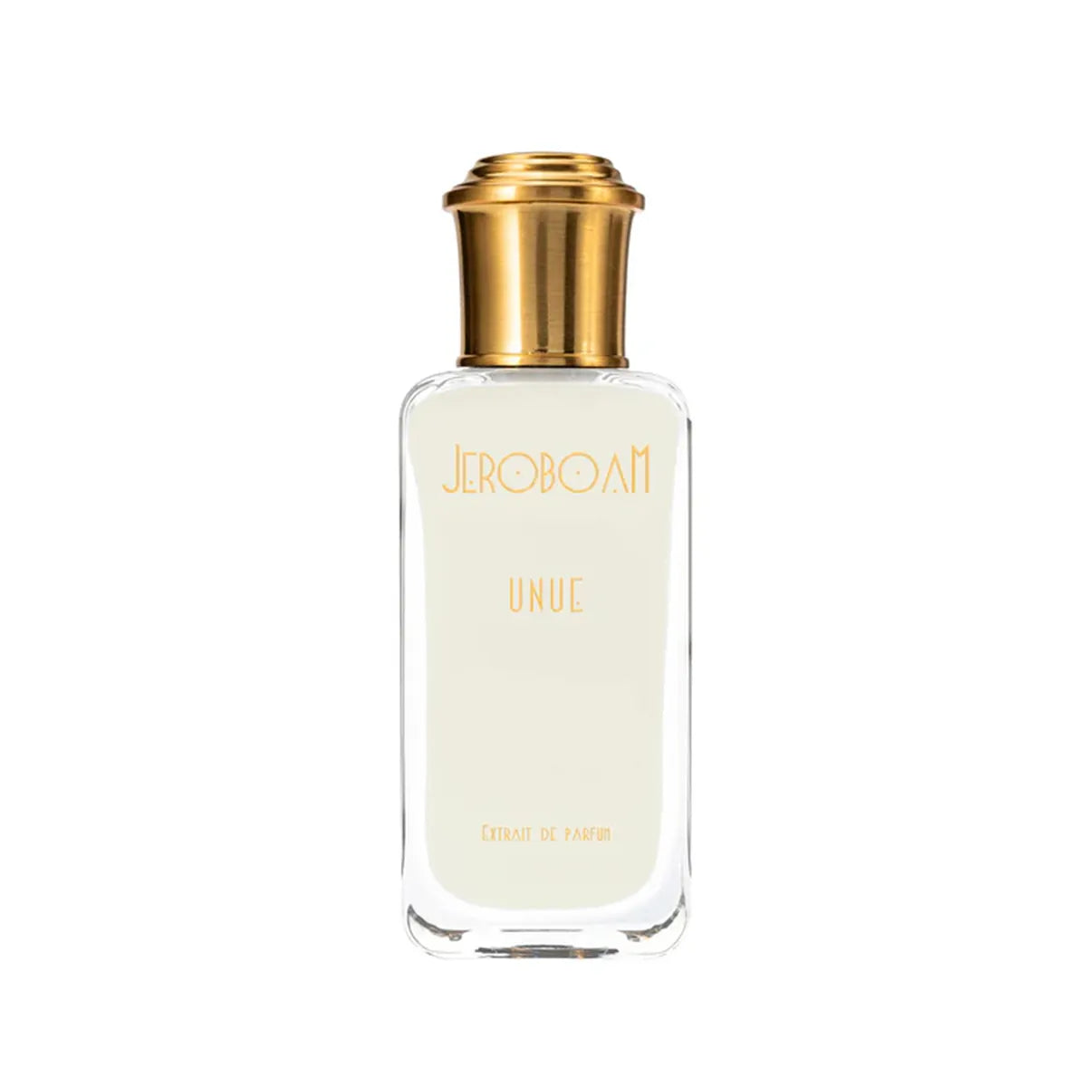 Perfume bottle with gold cap on a white background