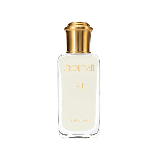 Perfume bottle with gold cap on a white background