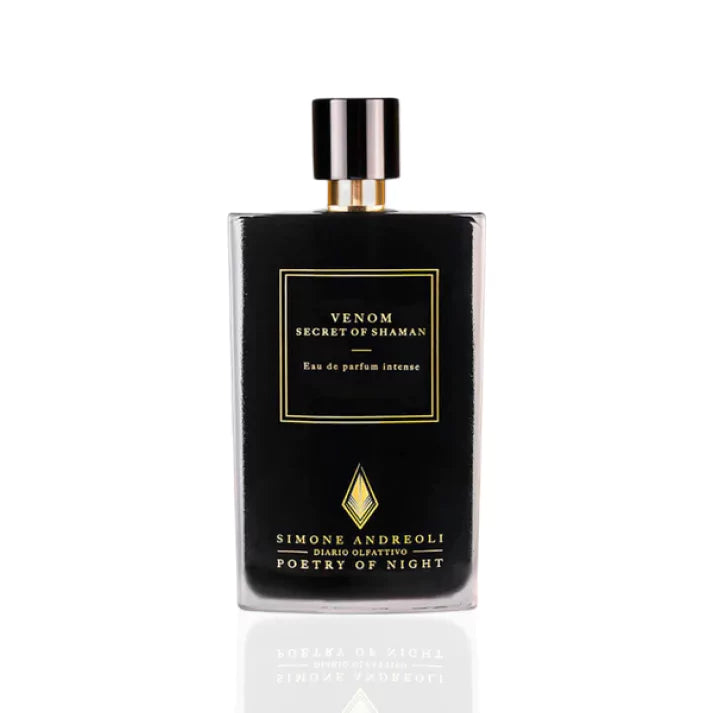 Simone Andreoli Venom Secret of Shaman Eau de Parfum Intense in black bottle with gold label and glossy black cap on white background