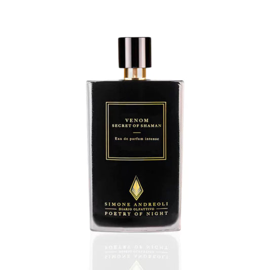 Simone Andreoli Venom Secret of Shaman Eau de Parfum Intense in black bottle with gold label and glossy black cap on white background