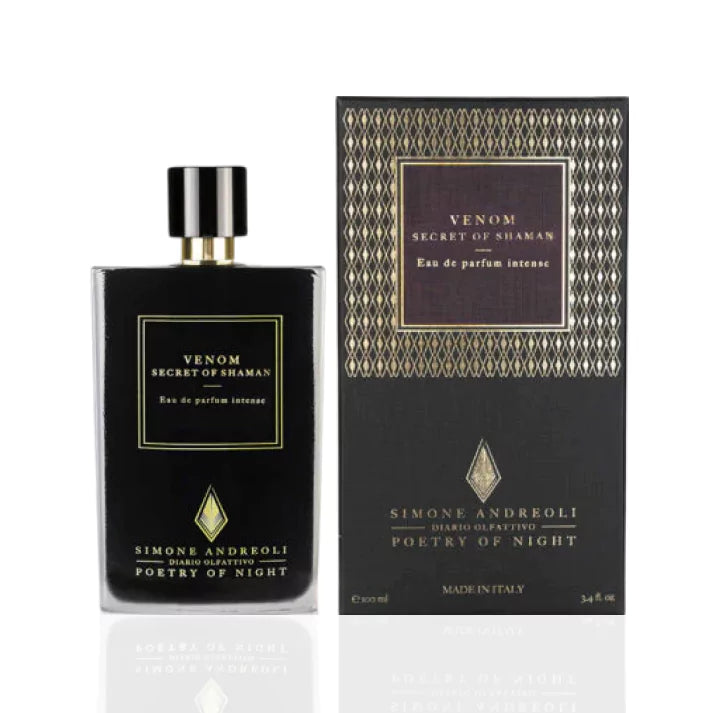 Simone Andreoli Venom Secret of Shaman Eau de Parfum Intense bottle with matching dark patterned box and gold detailing on white background