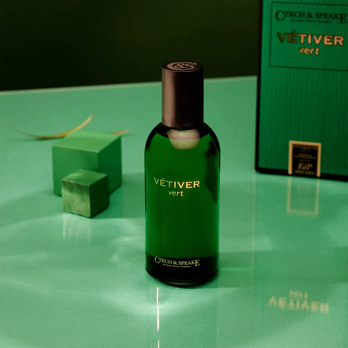 Czech & Speake Vetiver Vert perfume bottle displayed with green luxury packaging, niche London fragrance featuring fresh earthy vetiver scent and elegant botanical character