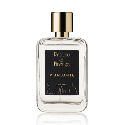 Perfume bottle with gold cap and black label on a white background