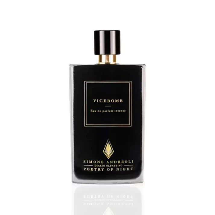 Simone Andreoli Vicebomb Eau de Parfum Intense in black glass bottle with gold label and glossy black cap on white background