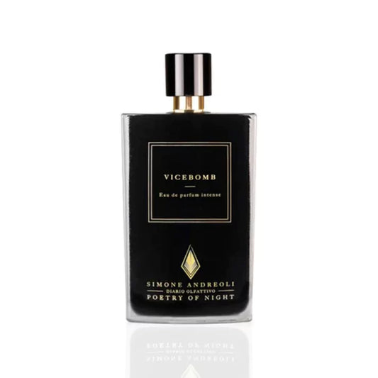 Simone Andreoli Vicebomb Eau de Parfum Intense in black glass bottle with gold label and glossy black cap on white background