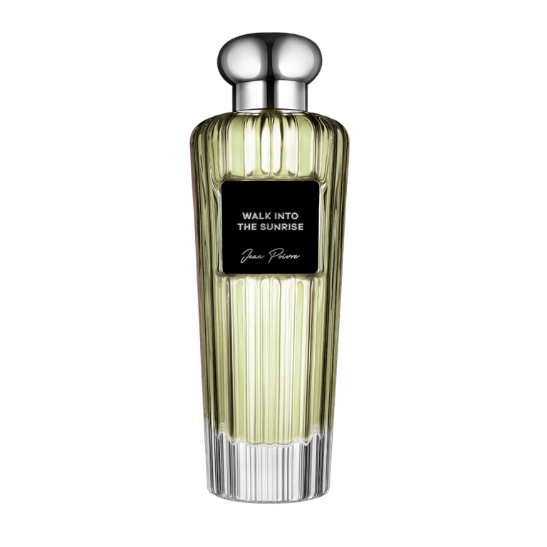 Walk Into The Sunrise by Jean Poivre luxury yellow perfume bottle with silver cap and black label on black background