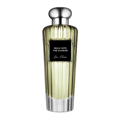 Walk Into The Sunrise by Jean Poivre luxury yellow perfume bottle with silver cap and black label on black background