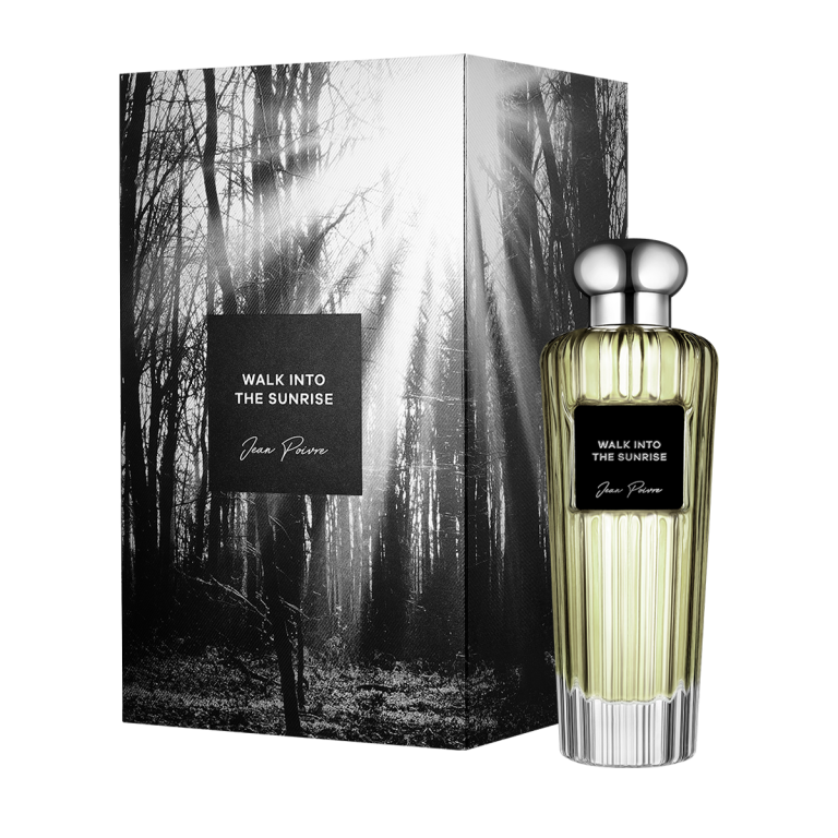 Walk Into The Sunrise by Jean Poivre luxury yellow perfume bottle with silver cap and matching forest-themed gift box packaging