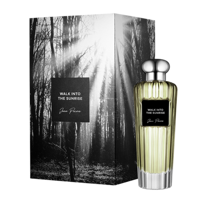 Walk Into The Sunrise by Jean Poivre luxury yellow perfume bottle with silver cap and matching forest-themed gift box packaging