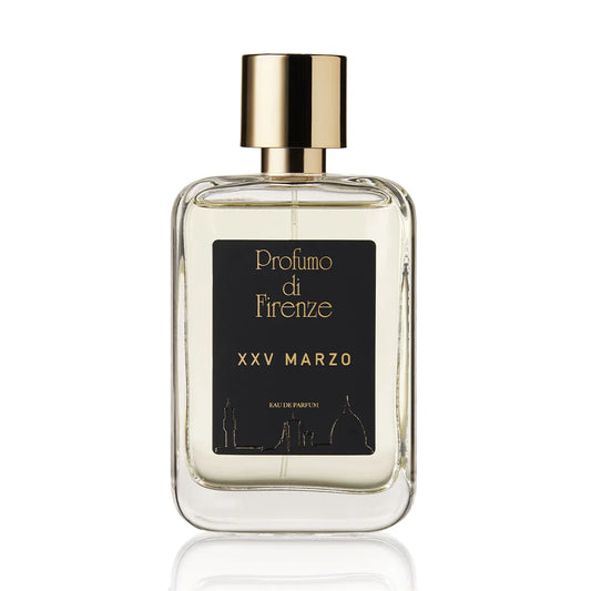 Perfume bottle labeled 'Profumo di Firenze XXV Marzo' on a white background